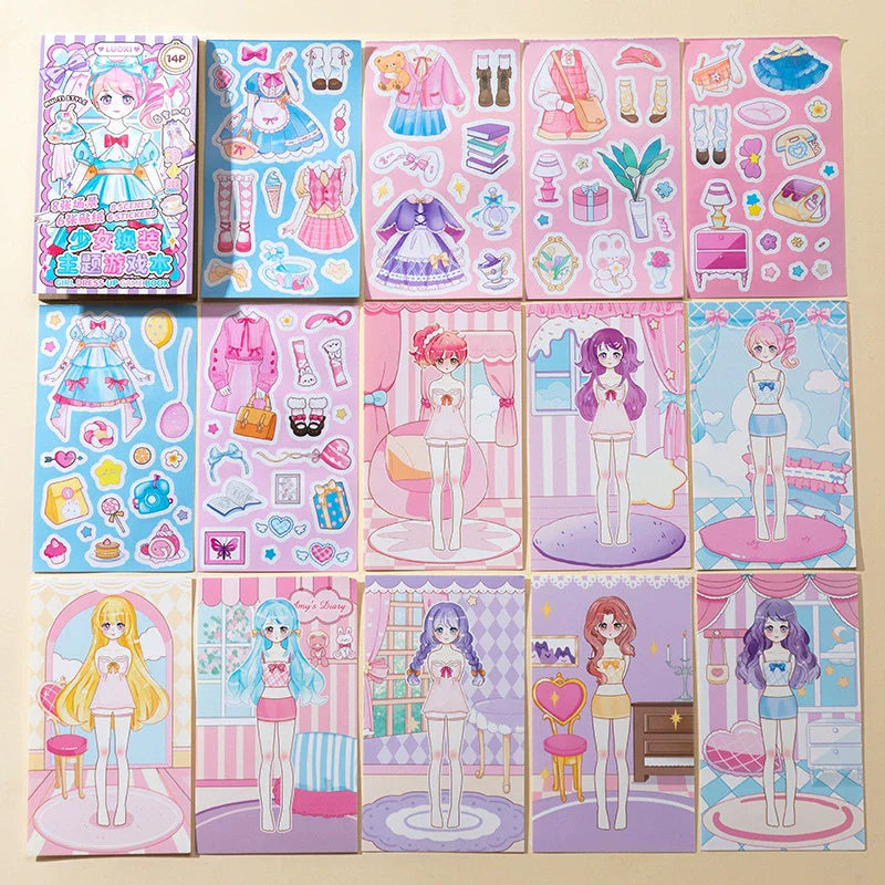 A collection of princess dress-up stickers featuring various outfits, accessories, and characters for children.