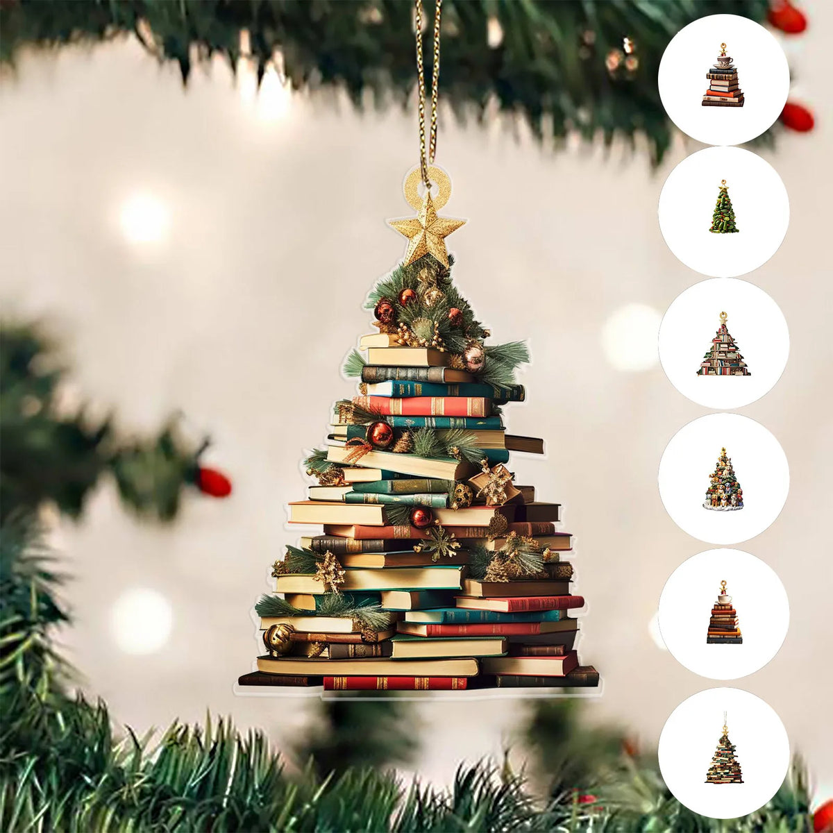 Ornement en forme d'arbre de livres décoratif avec une étoile dorée, suspendu à une branche de sapin de Noël.