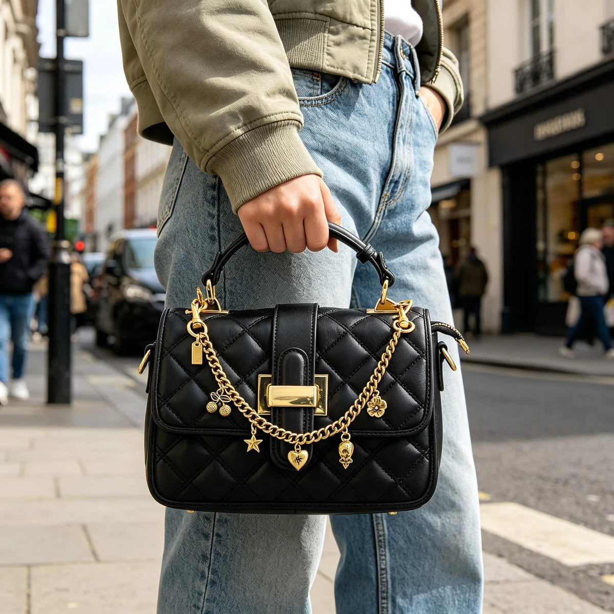 A black leather handbag with gold chain detailing and charms is held by a person wearing blue jeans.