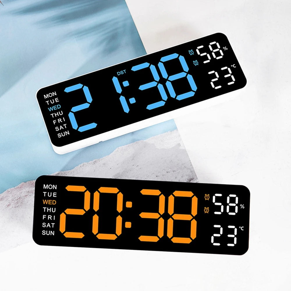 A digital wall clock displaying the time 2:38, temperature 58 degrees, and humidity percentage on a white background.