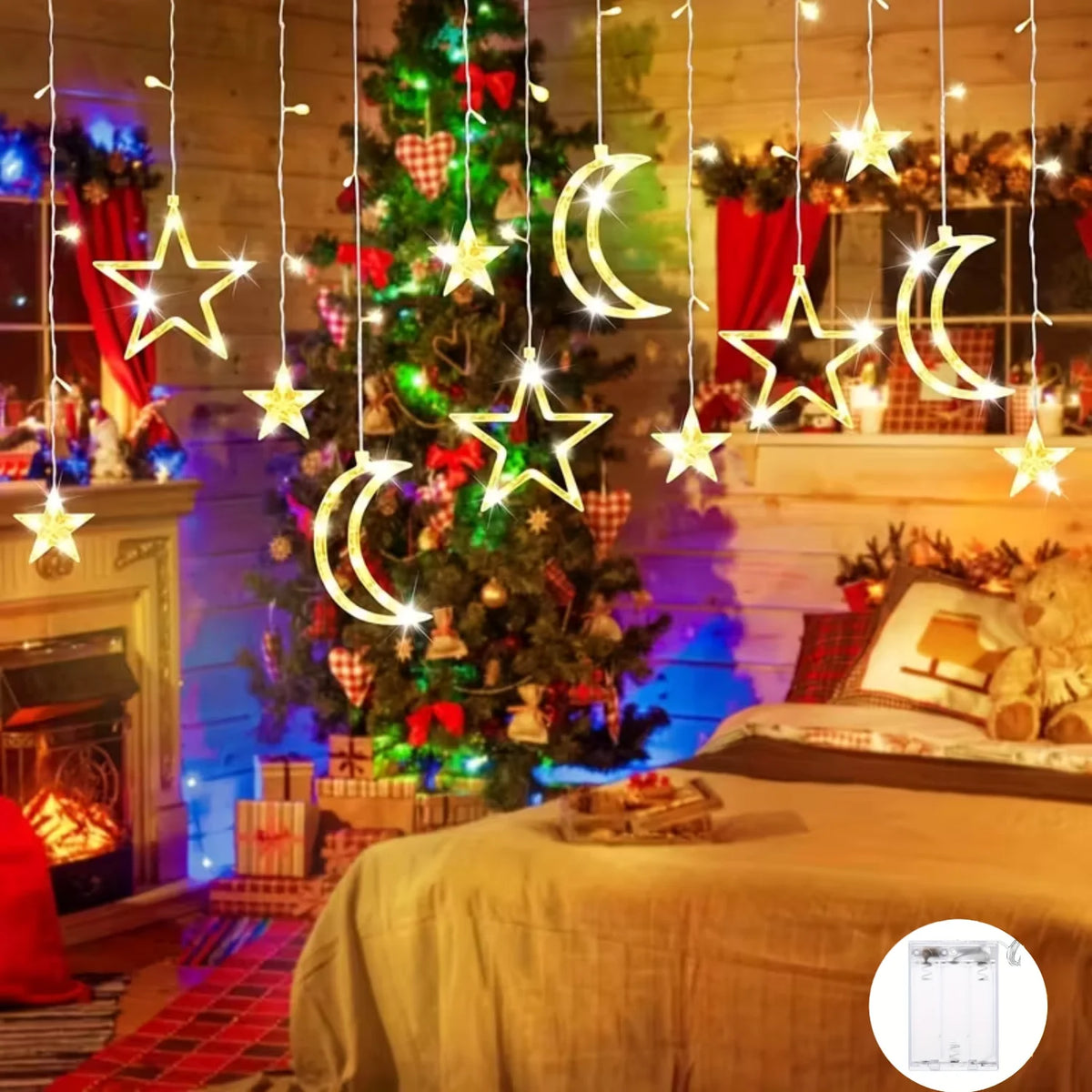Star and moon LED string lights decorating a Christmas tree and fireplace in a cozy room