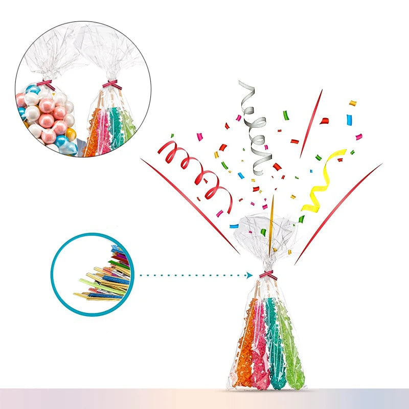 Clear cellophane treat bags tied with wire, showing colorful candies and treats spilling out.