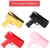 Four colors of a funny money shooter toy gun displayed in various angles.