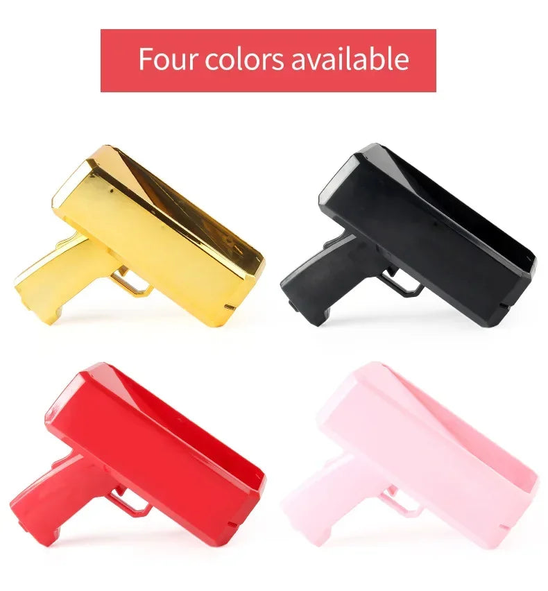 Four colors of a funny money shooter toy gun displayed in various angles.