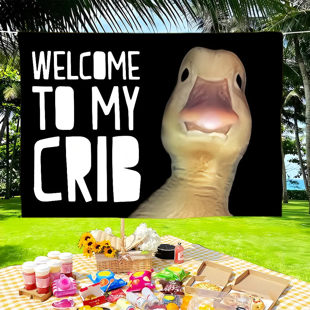 A white pet duck face is featured in a black frame with the text Welcome to My Crib on a green lawn.