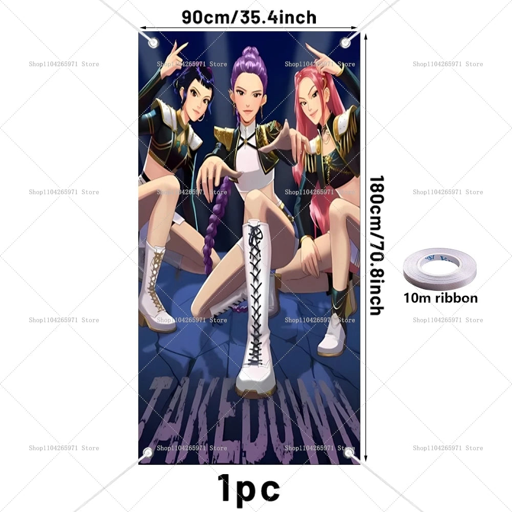 Anime demon hunters party backdrop featuring three female characters in dark and light outfits