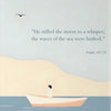 A watercolor painting depicting a person in a small boat on calm water with a bird flying above, featuring a Psalm verse.