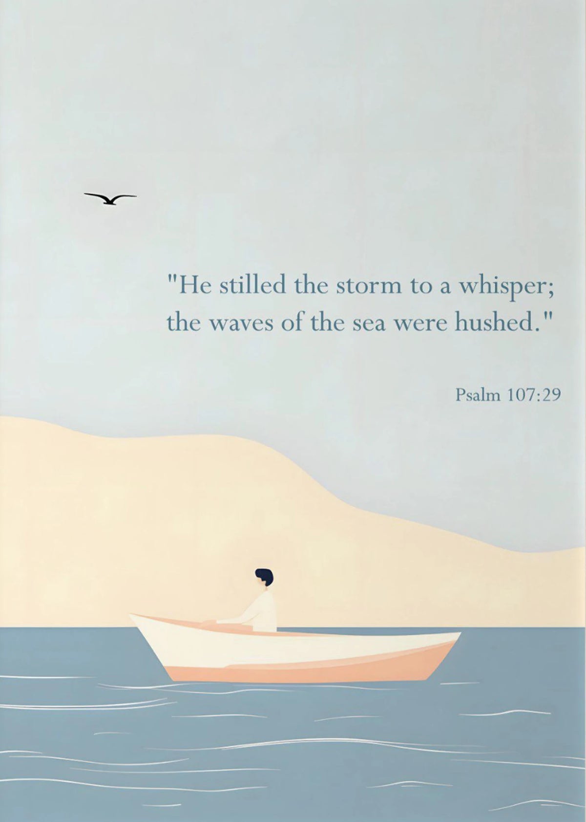 A watercolor painting depicting a person in a small boat on calm water with a bird flying above, featuring a Psalm verse.