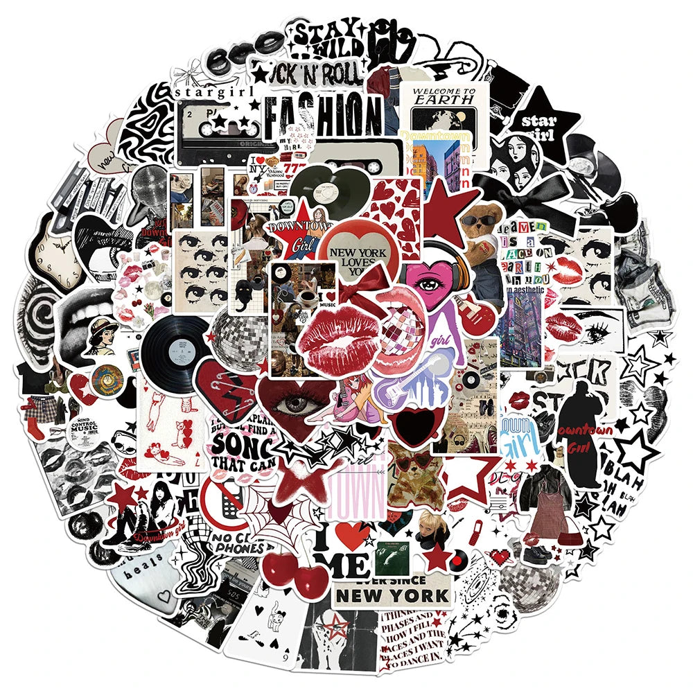 A circular collage of various Y2K aesthetic cartoon decals and graphic elements.