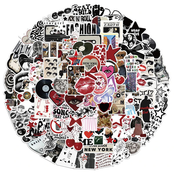 Collage circulaire de décals et éléments graphiques de dessins humoristiques Y2K.