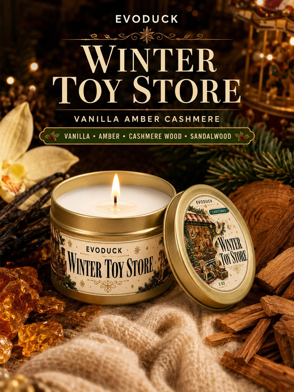 Evoduck Winter Toy Store vanilla amber cashmere scented candle in a gold tin with a gift box and card