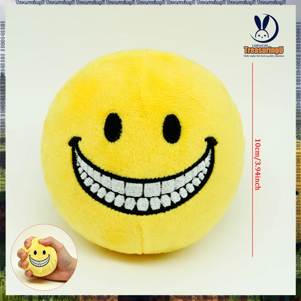 A yellow plush doll shaped like a smiling face with a wide white toothy grin.