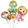 A set of colorful cartoon Cocomelon watermelon foil balloons featuring characters like JJ and watermelon themes.
