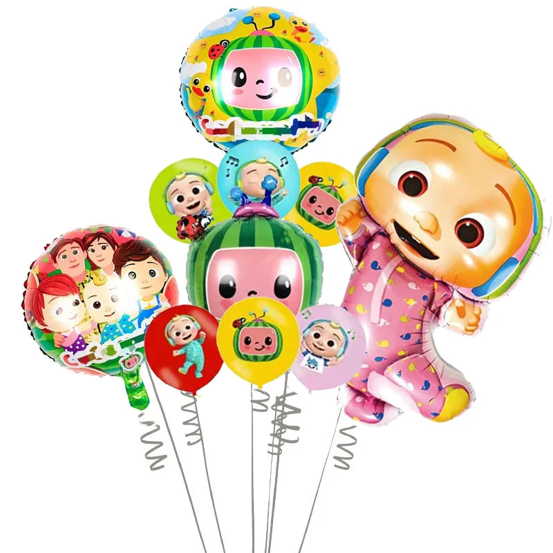 A set of colorful cartoon Cocomelon watermelon foil balloons featuring characters like JJ and watermelon themes.