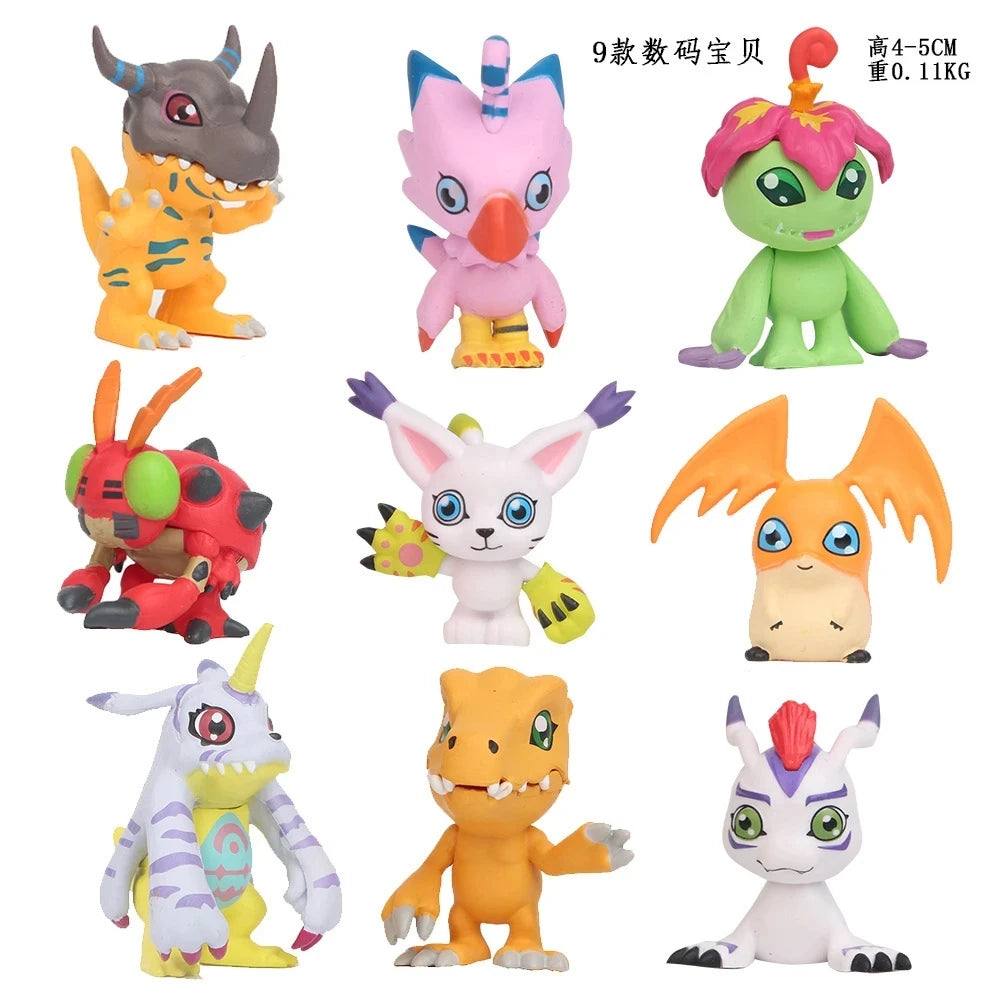 A collection of nine Digimon Adventure figures in various poses and colors.