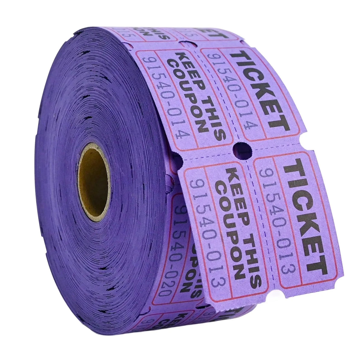 A roll of purple tearable raffle tickets with text like KEEP THIS COUPON 91540-014.