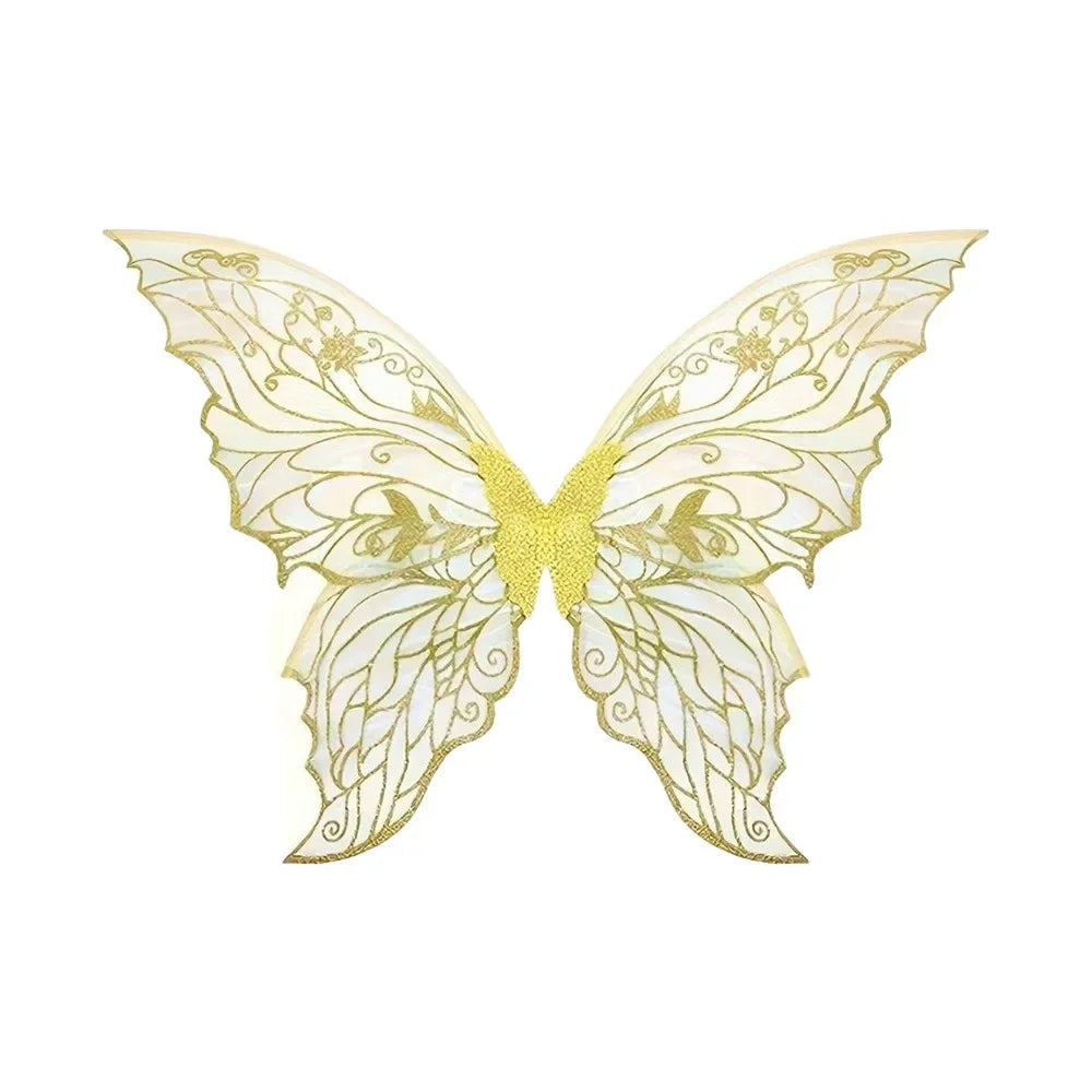 A pair of sparkling fairy wings with intricate gold floral patterns.