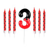 A set of three birthday candles shaped like the number 3 with a red and black mouse design.