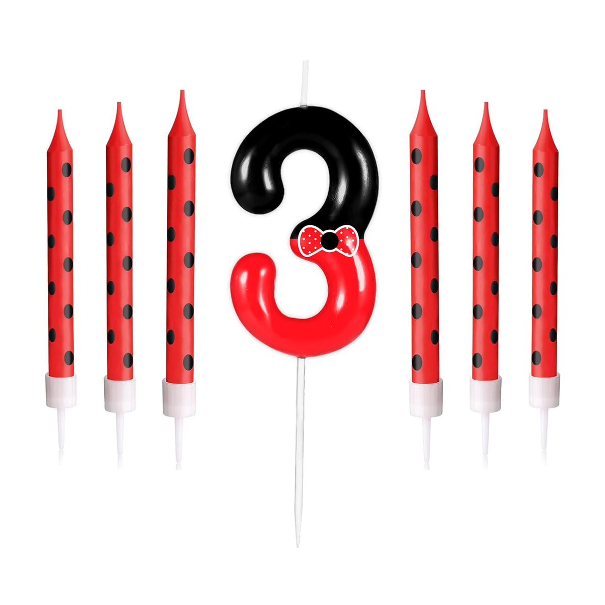 A set of three birthday candles shaped like the number 3 with a red and black mouse design.