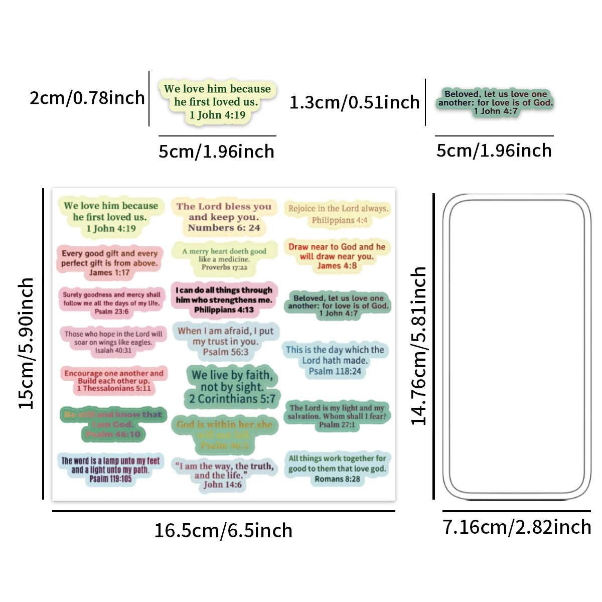 A pack of colorful Bible verse stickers featuring verses like John 4:19 and Philippians 4:4 for journals and planners
