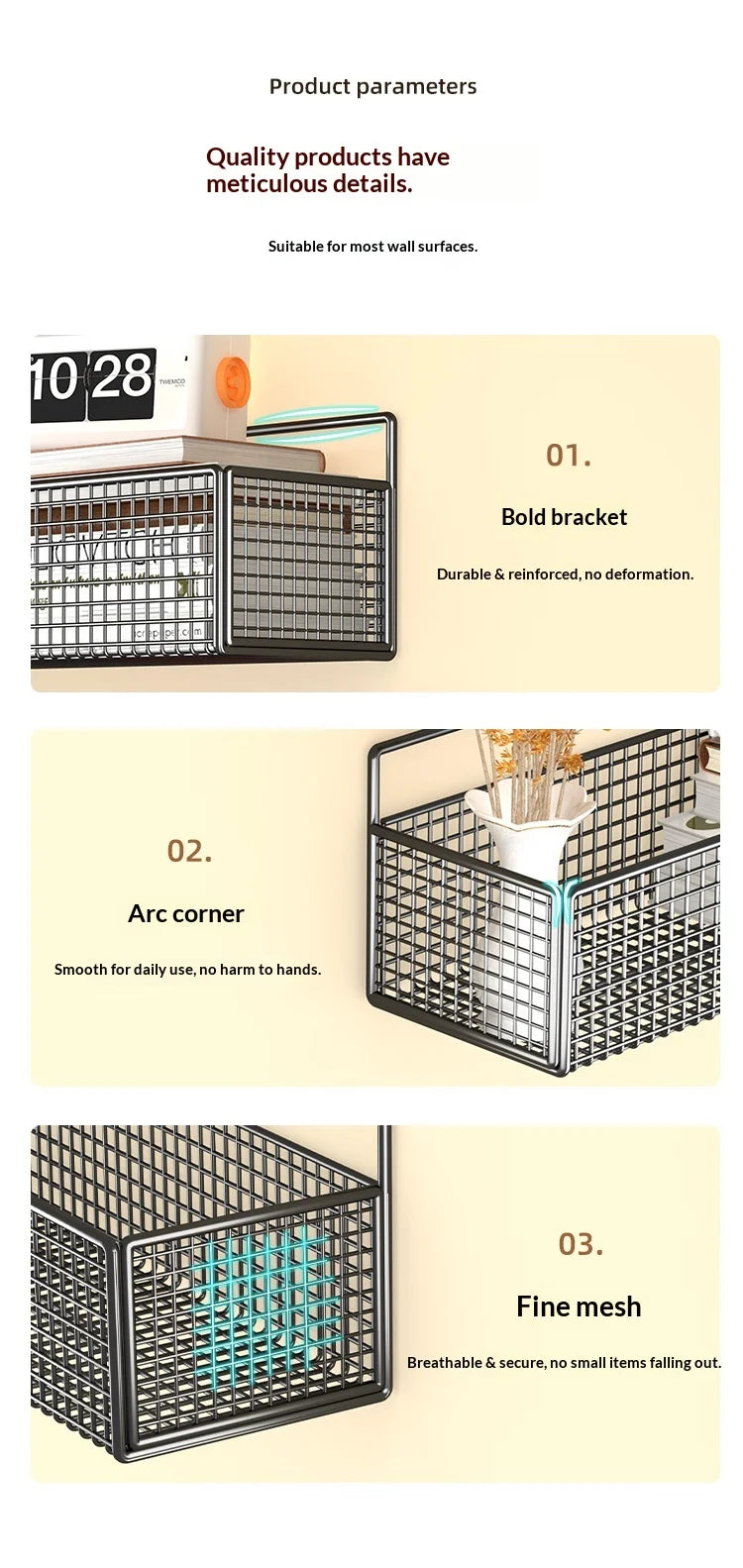 Three views of a black metal mesh storage basket with a bold bracket, arc corner, and fine mesh for wall mounting.