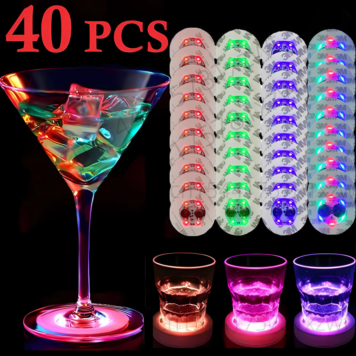 40 pieces of luminous LED coaster lights for bottles and glasses displayed alongside a martini glass and various drinking gla
