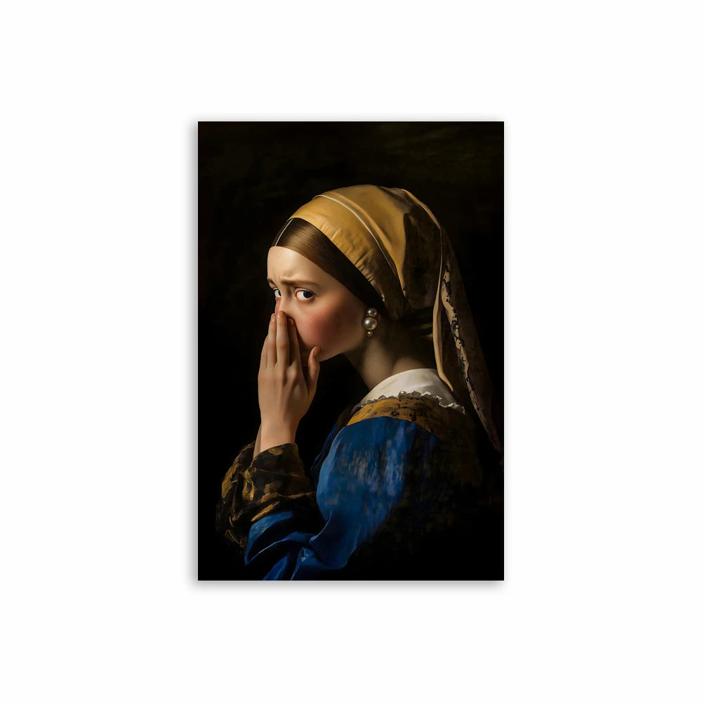 A portrait of a woman wearing a head covering, looking distressed and touching her face.