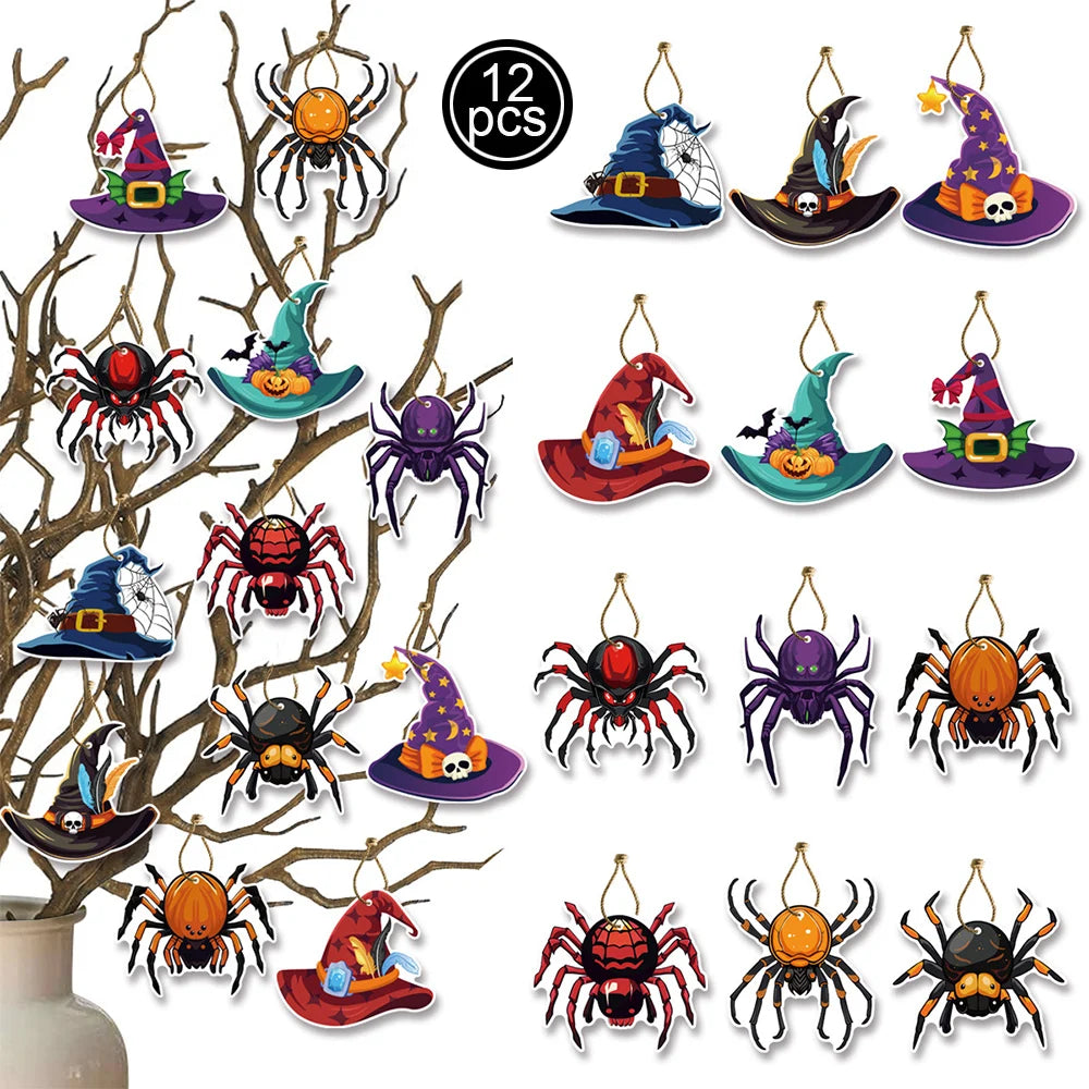 A set of Halloween hanging ornaments featuring ghosts, pumpkins, and skeletons made of various spiders and insects.