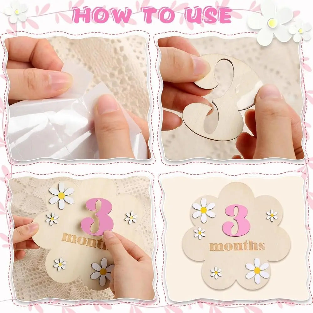 Hands demonstrate how to use wooden monthly milestone cards for babies, showing the cards and finished product.