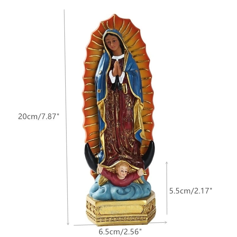 Hand-painted resin statue of Our Lady of Guadalupe with a radiant sun halo and golden base