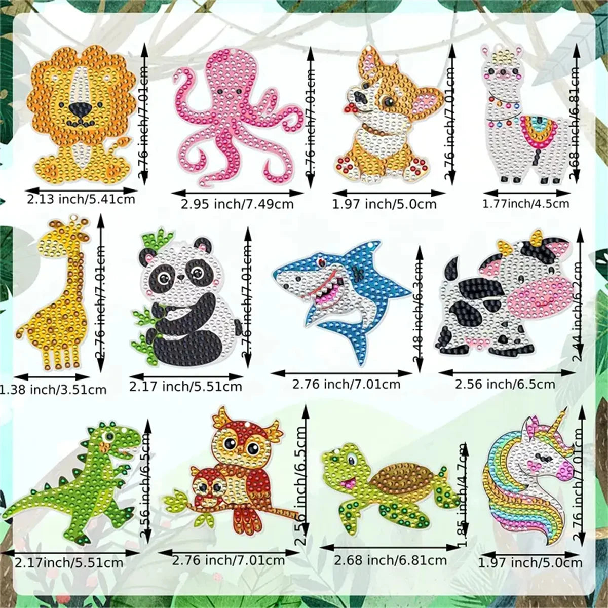 A collection of colorful DIY diamond painting keychains featuring various animals and creatures.