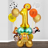 A collection of gold and orange balloons featuring jungle safari animal patterns and a large number one balloon.