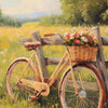 A painting of a vintage bicycle leaning against a wooden fence in a grassy field with wildflowers.