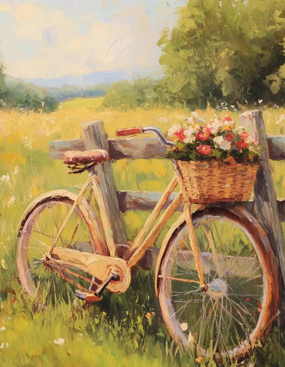 A painting of a vintage bicycle leaning against a wooden fence in a grassy field with wildflowers.