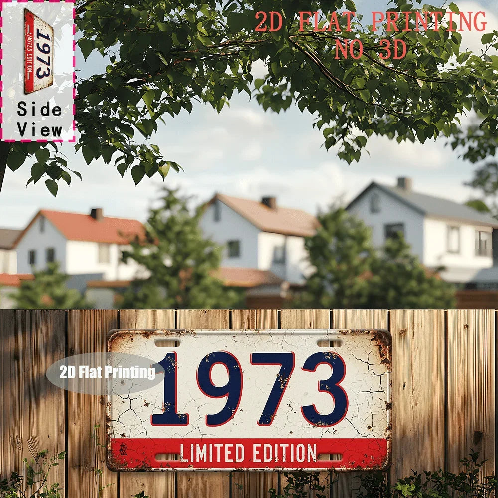 Vintage metal tin sign with the year 1973 and limited edition text displayed on weathered wood.