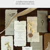 A collection of vintage old English manuscript decor paper sheets featuring calligraphy and botanical illustrations.