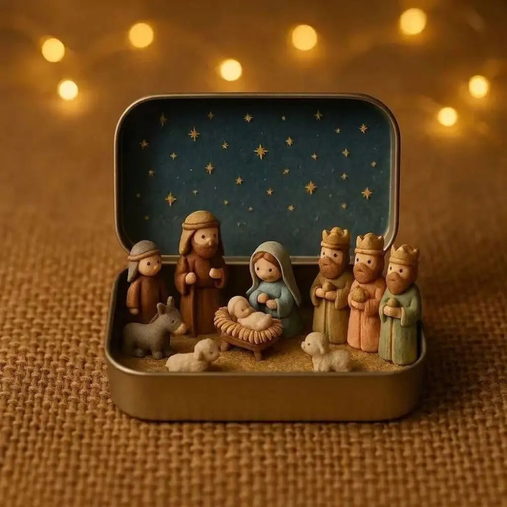 A hand-painted mini nativity set featuring figures and animals displayed in a gold tin storage box against a dark blue starry