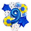 A collection of blue and yellow football-shaped foil balloons and a large blue number balloon for party decorations