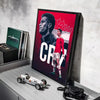 A framed canvas art poster featuring a portrait of Ronaldo in a red shirt and white shorts against a red background.