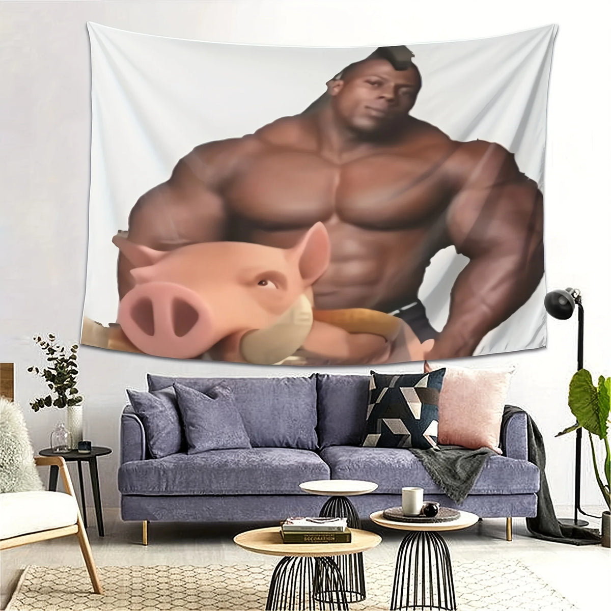 A tapestry featuring a muscular man and a pig head, displayed on a wall.