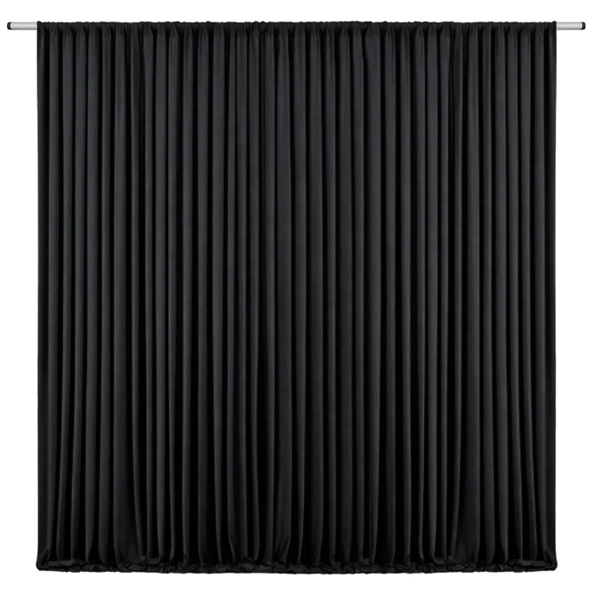 Black pleated drapery backdrop used for weddings and parties
