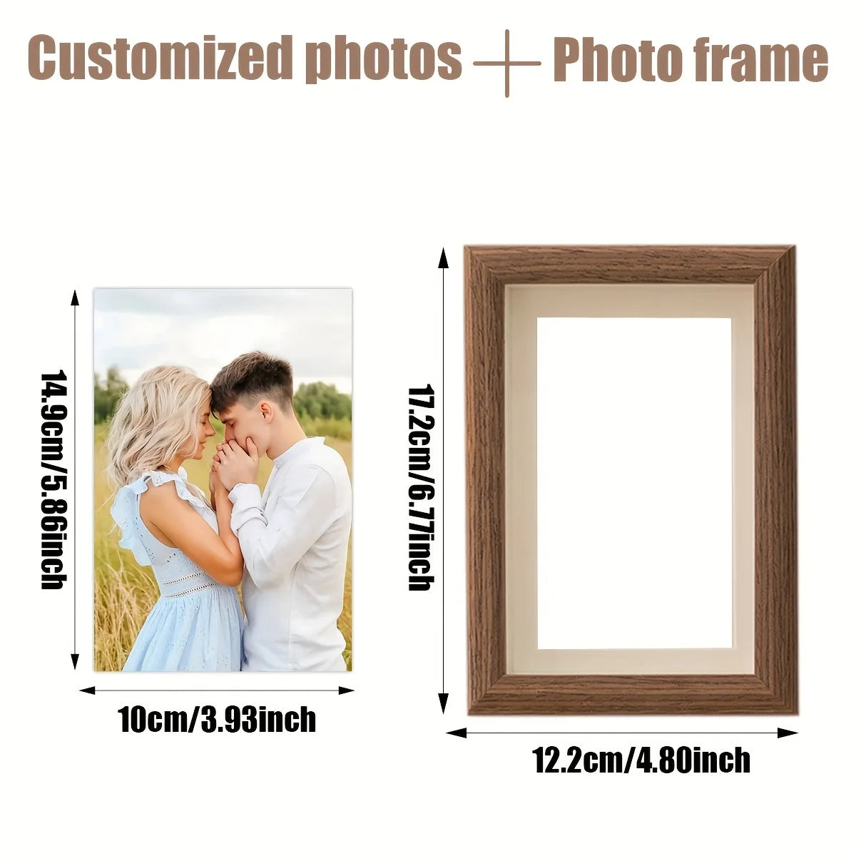 A wooden photo frame with a light brown border and a white mat, shown next to the dimensions of a custom-sized photo.