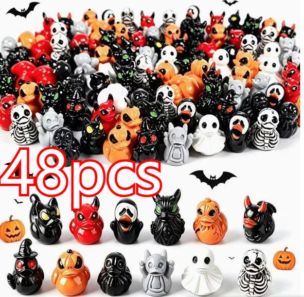 A collection of 48 mini resin Halloween duck figurines in various colors and designs for decoration.