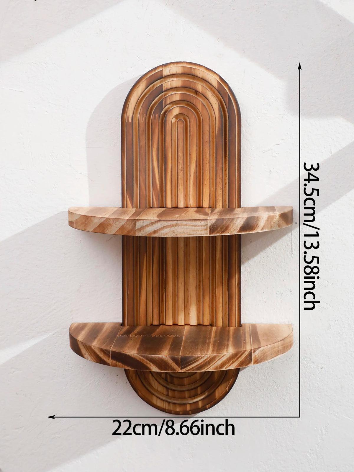 A set of geometric wooden wall shelves with a natural wood grain finish mounted on a white wall.