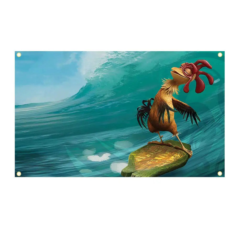 A comical, reddish-brown chicken with a surfing flag perched on a green rock against a blue ocean background.