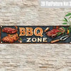 Vintage retro metal street sign featuring BBQ zone text and grilled meats for wall decor