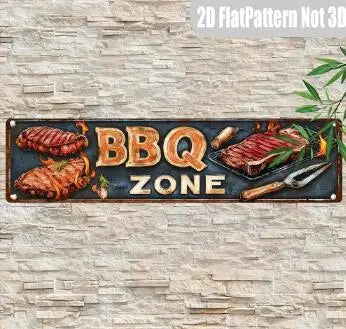 Vintage retro metal street sign featuring BBQ zone text and grilled meats for wall decor