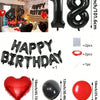 A set of red and black foil number balloons, heart shaped balloons, and round balloons for birthday decorations.