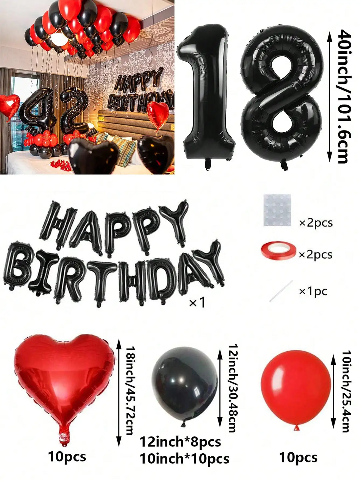 A set of red and black foil number balloons, heart shaped balloons, and round balloons for birthday decorations.