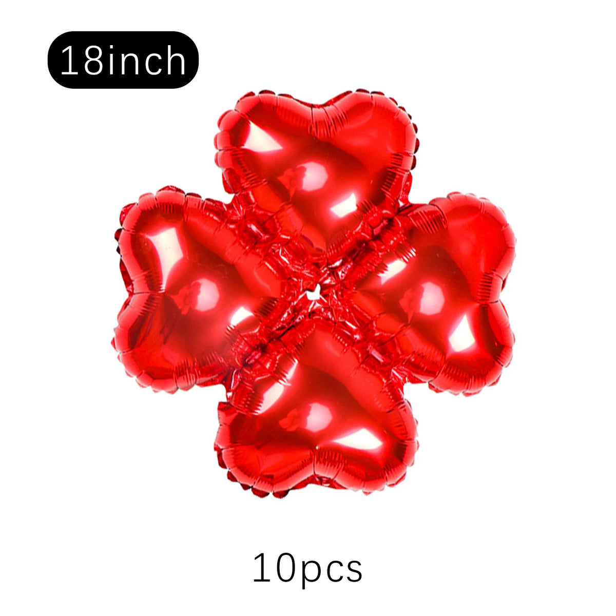 A set of ten red heart-shaped foil balloons, 18 inches in size, for party décor.